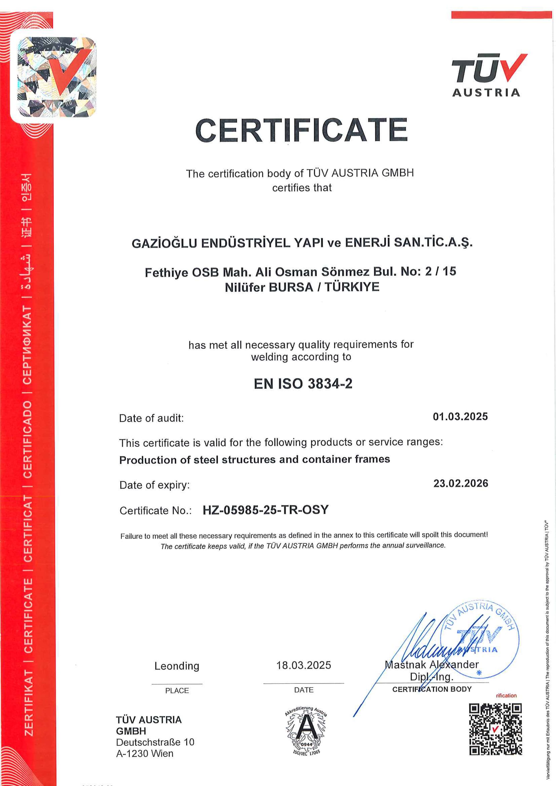 EN ISO 3834-2 Kaynak Kalite Belgesi