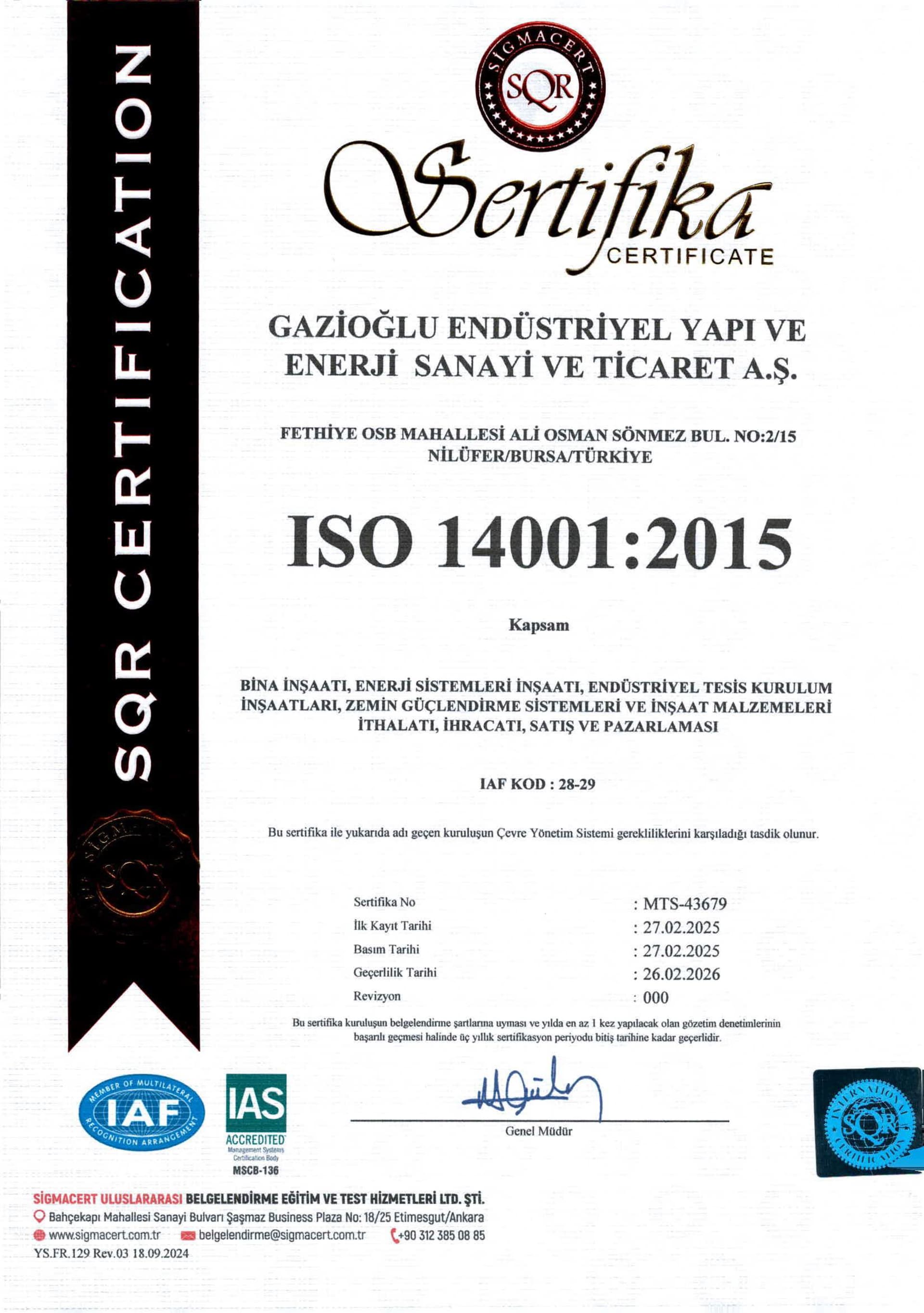 ISO 14001 Çevre Yönetim Sistemi