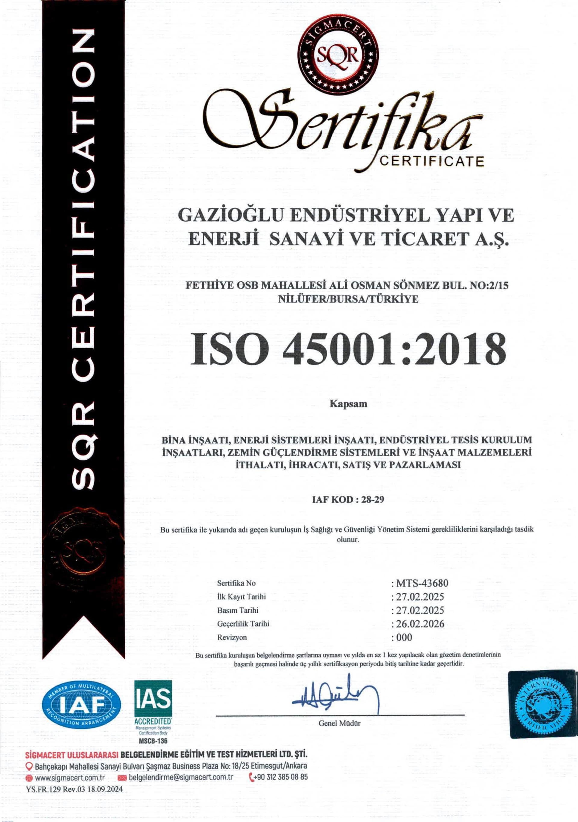 ISO 45001 İş Sağlığı ve Güvenliği